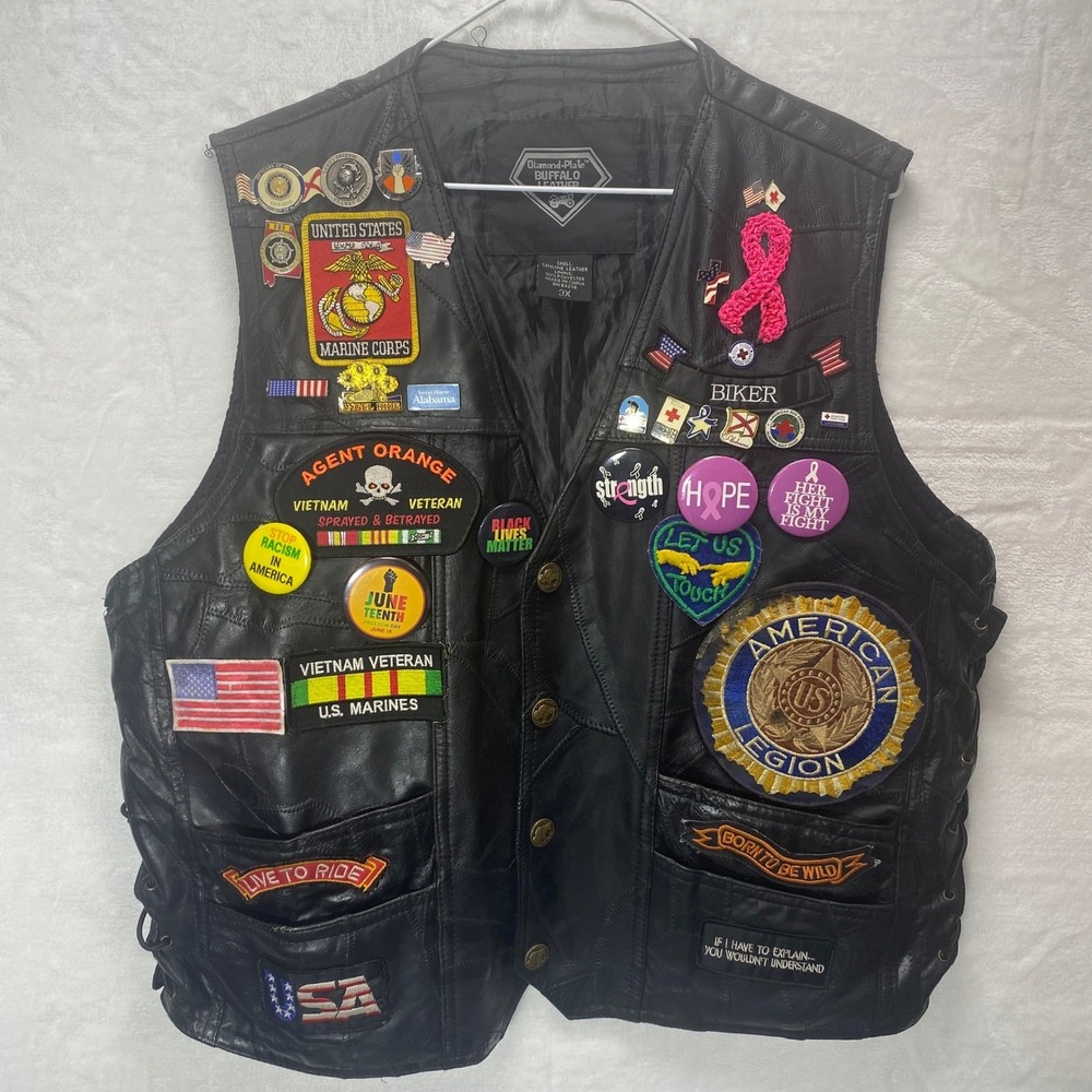 Diamond Plate 3X Biker Vest Vietnam Veteran U.S. Marines Patches Buffalo Leather